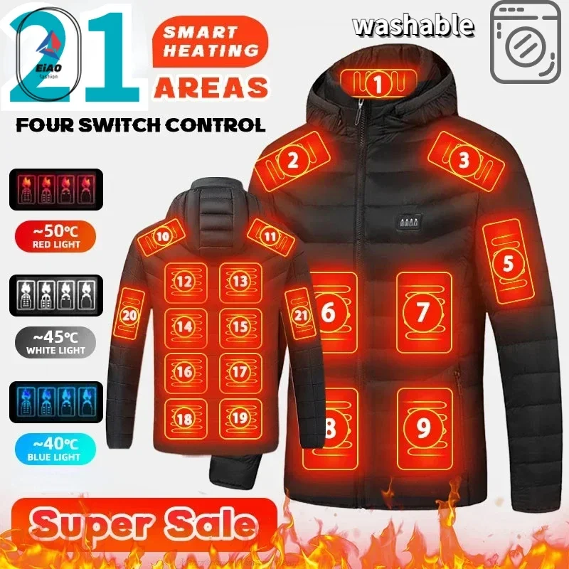 ​Men's Techwear Heated Jacket - Rechargeable Electric Warming Windproof Shell for Hiking Camping | Winter Thermal Hooded Coat​