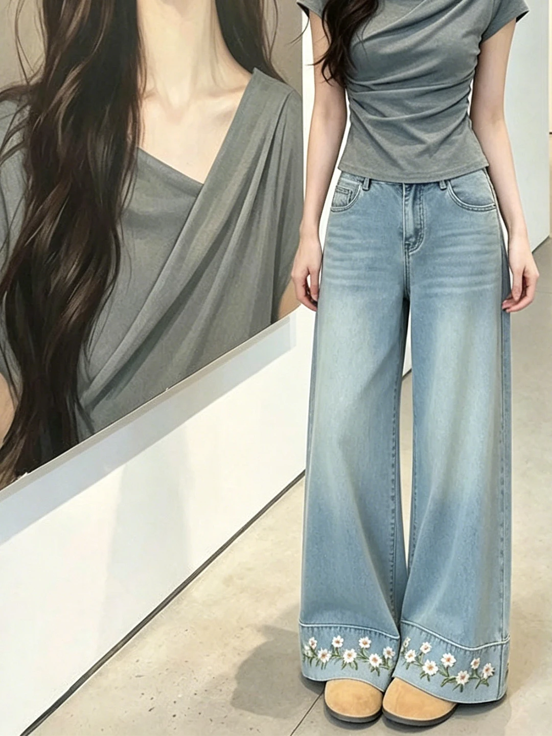 

Light Blue Lace Embroidered High Waist Wide Leg Jeans Women's Fashionable Slimming Summer New Style Denim Pants
