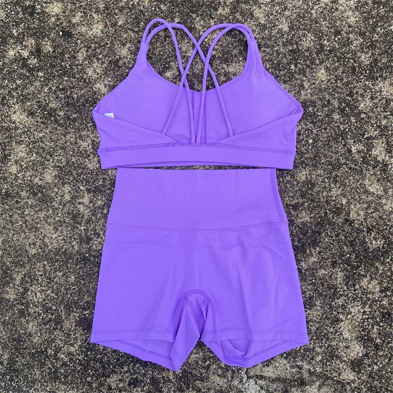Yoga Shorts Set Gym Sports Set 2 Piece Women Workout Outfit Fitness Suit Cross Straps Bra High Waist Shorts Running Tracksuit image 5