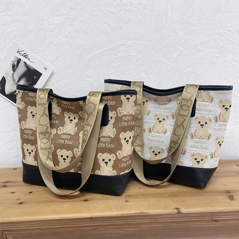 Women's Canvas Print Bear Handbag Fashion Versatile Student Shoulder Bag Large Capacity Tote Bag