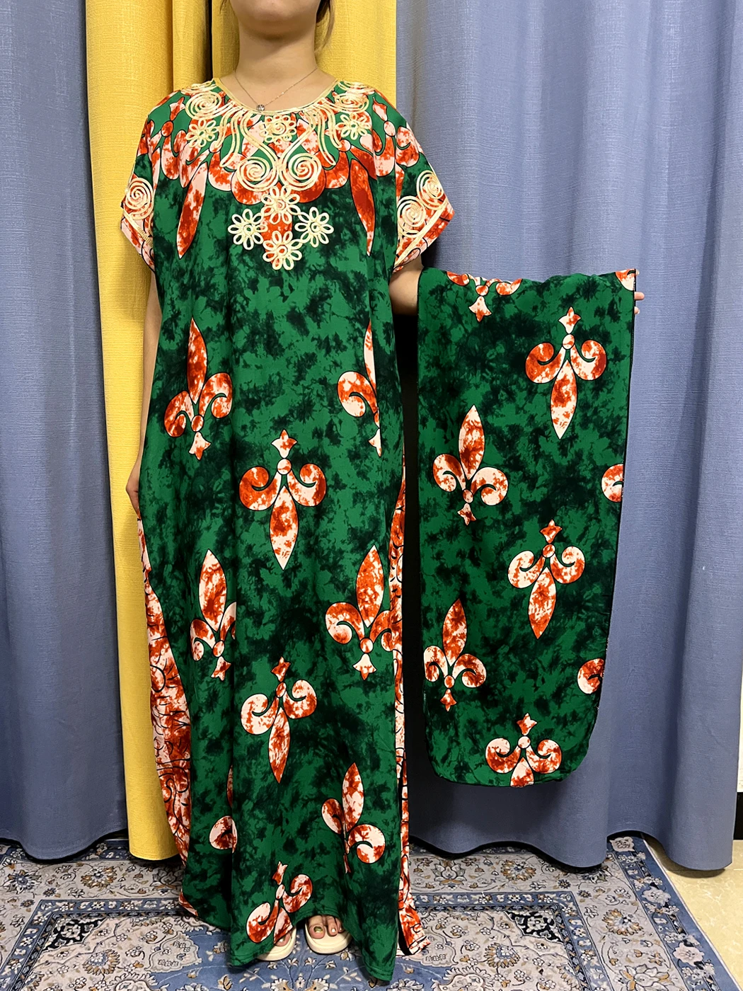 Muslim Printed Floral Abayas For Women 2023 Summer Cotton Loose Femme Robe African Nigeria Islam Traditional Dresses With Turban