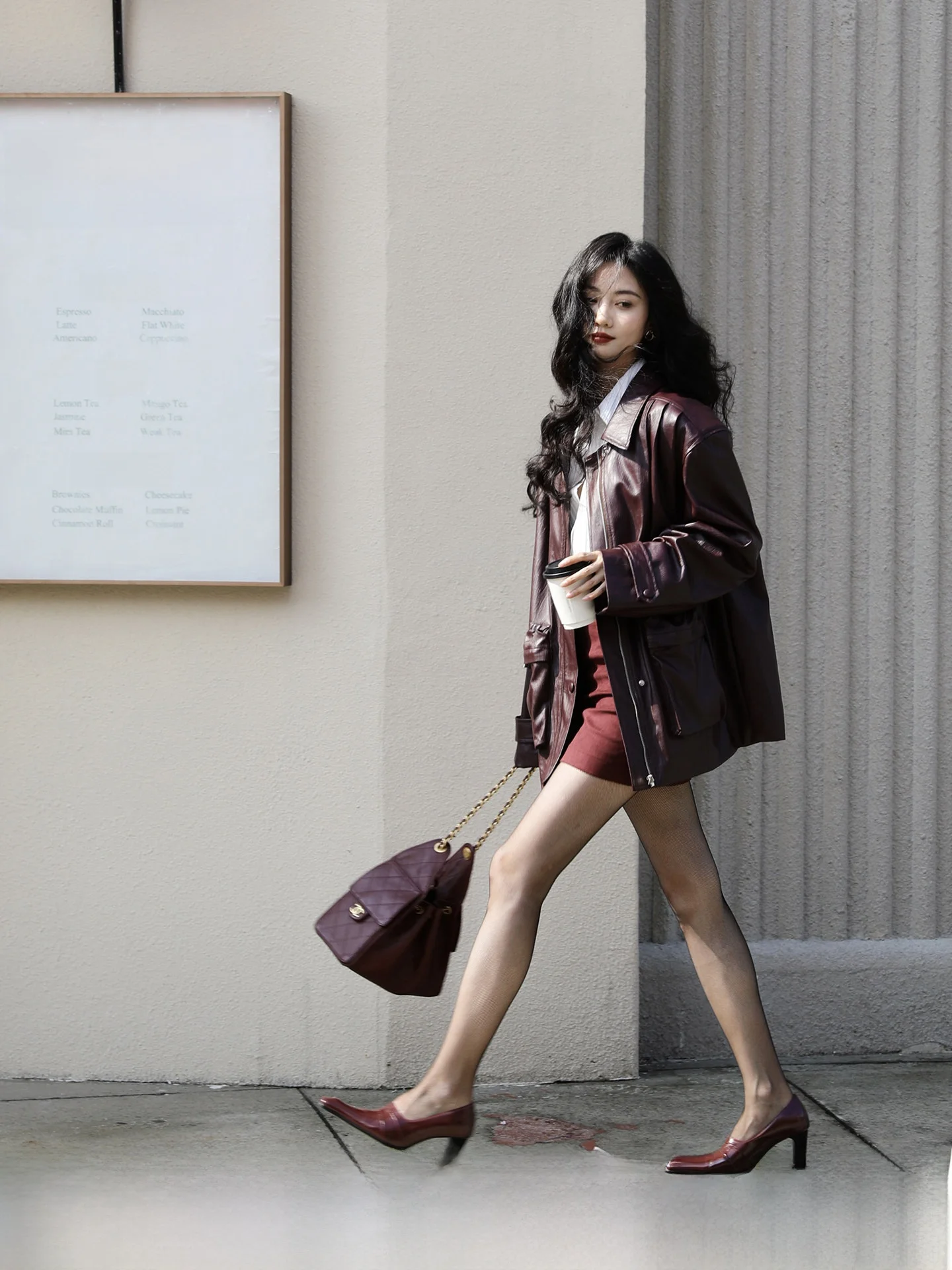 

TAIYANG OFFICE Retro Leather Jaet Women's Casual oulder Clipper Top Mid-Length Premium Feel Autumn Wear Zipper Sle