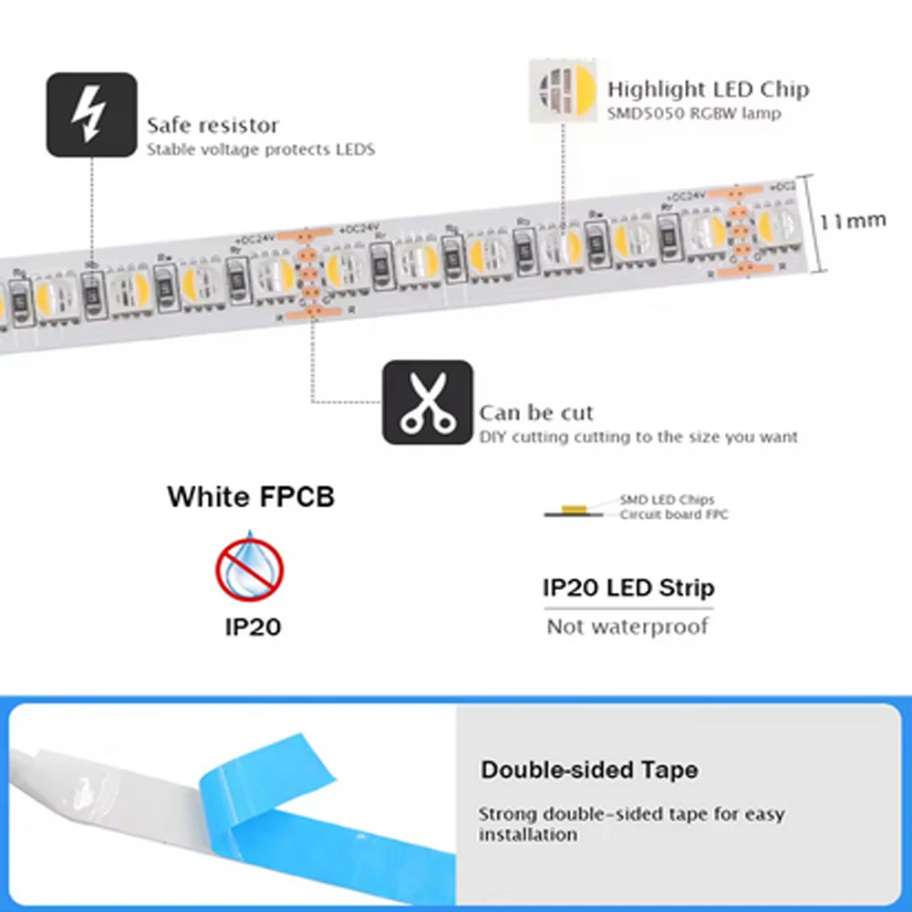 RGBW RGBWW LED 5M LED Strip DC 12V 24V 4 Colors In 1 Chip SMD 5050RGB RGBW RGBWW 60 Leds/M Flexible Ribbon Tape Rope Light