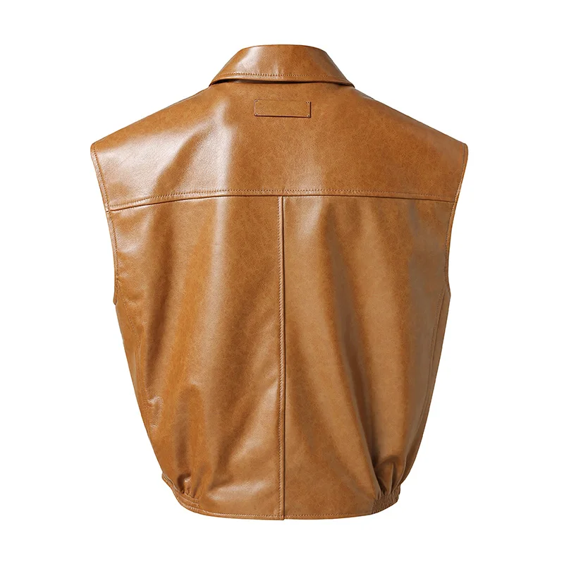 Designer Real Leather Vest with Pockets Women Solid Zipper Sleeveless Vintage Female Jackets Autumn Outerwear ZM5979