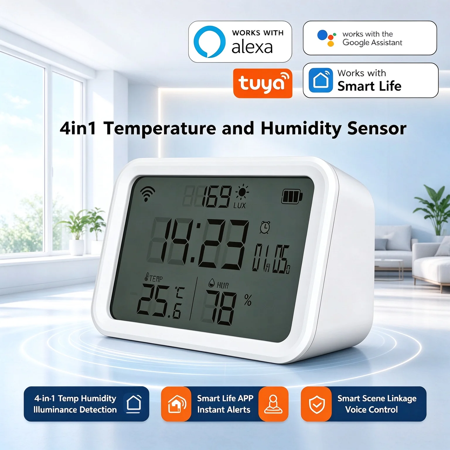 Tuya WiFi 4in1 Temp Humidity Illuminance Sensor Home Environment Monitoring Time Dispaly Alarm Smart Scene Linkage Voice Control