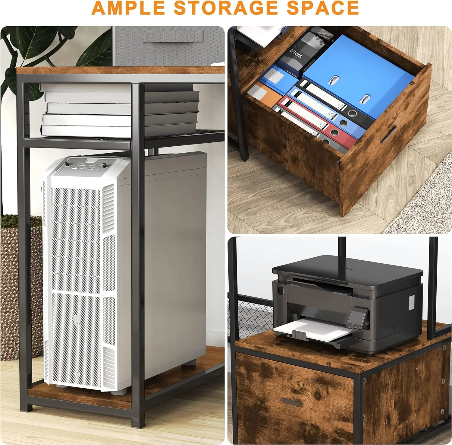 Home Office Desk With Monitor Stand Shelf, 66 Inch Large Computer Desk With Power Outlet And USB Charging Port, Table Wit