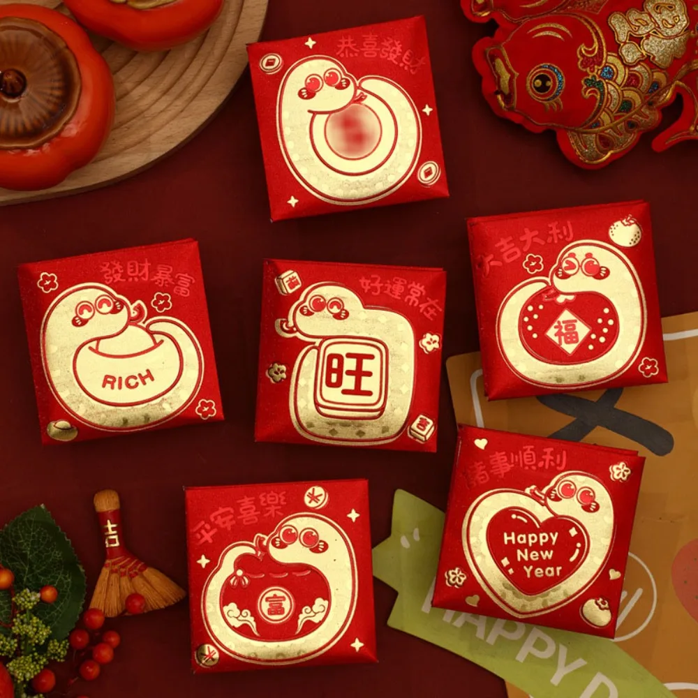 

6pcs Hot Stamping Chinese New Year Red Envelope Solid Mixed Pattern Lucky Money Bag Blessings Printing Thickened HongBao 2025