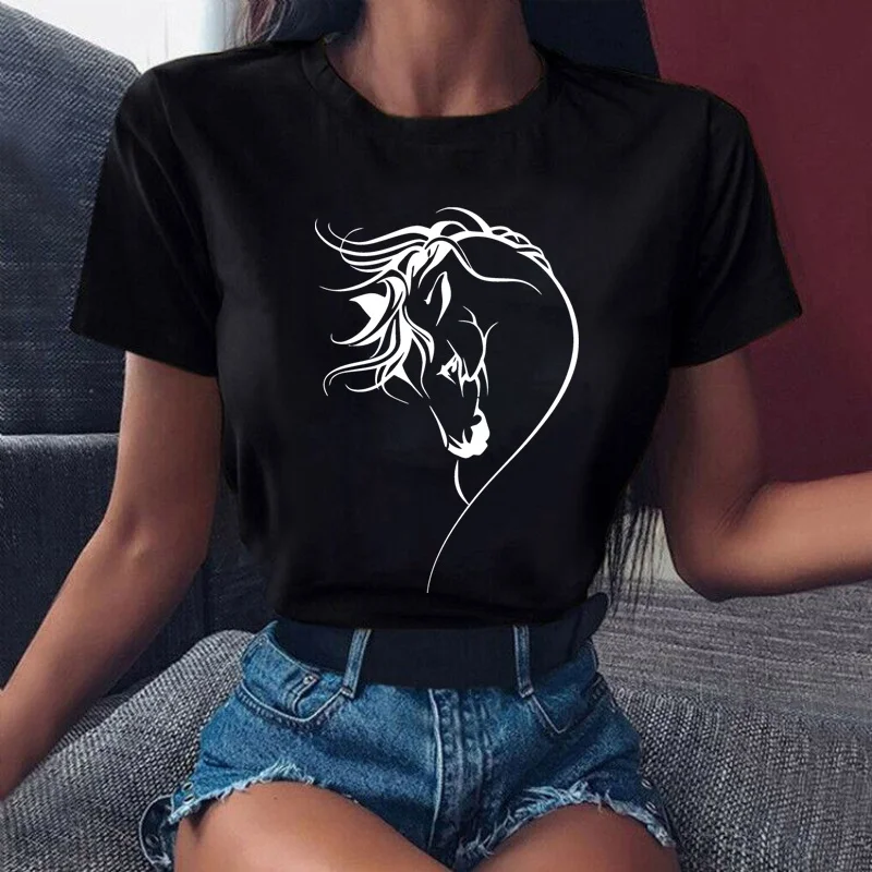 Cute Horse Heart Print T-shirt Women Casual Short Sleeve Tshirt Ladies Fashion Graphic Print Tees