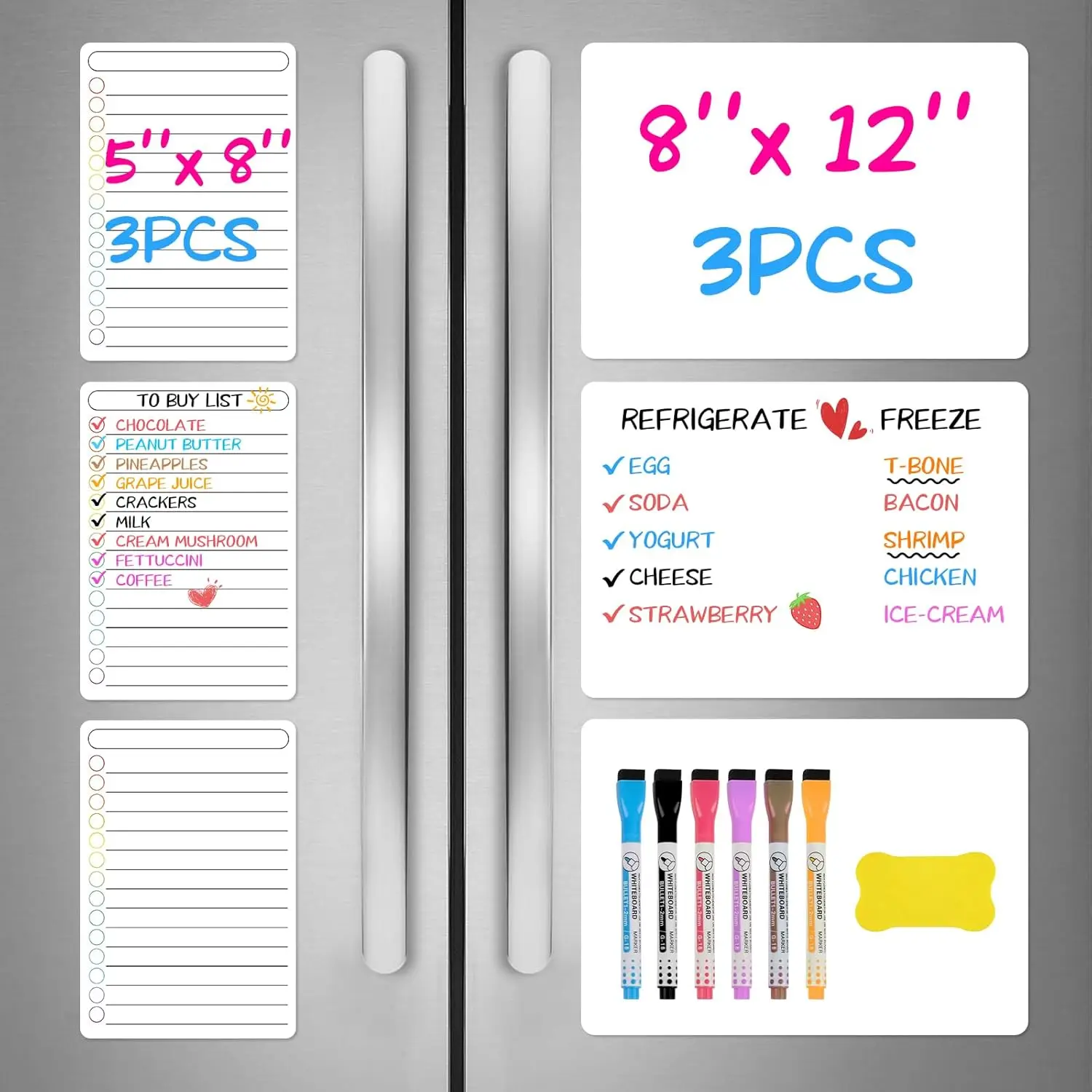 

6-Pack Magnetic Whiteboard Set for Fridge, 3 Large & 3 Small, with 6 Markers and Eraser