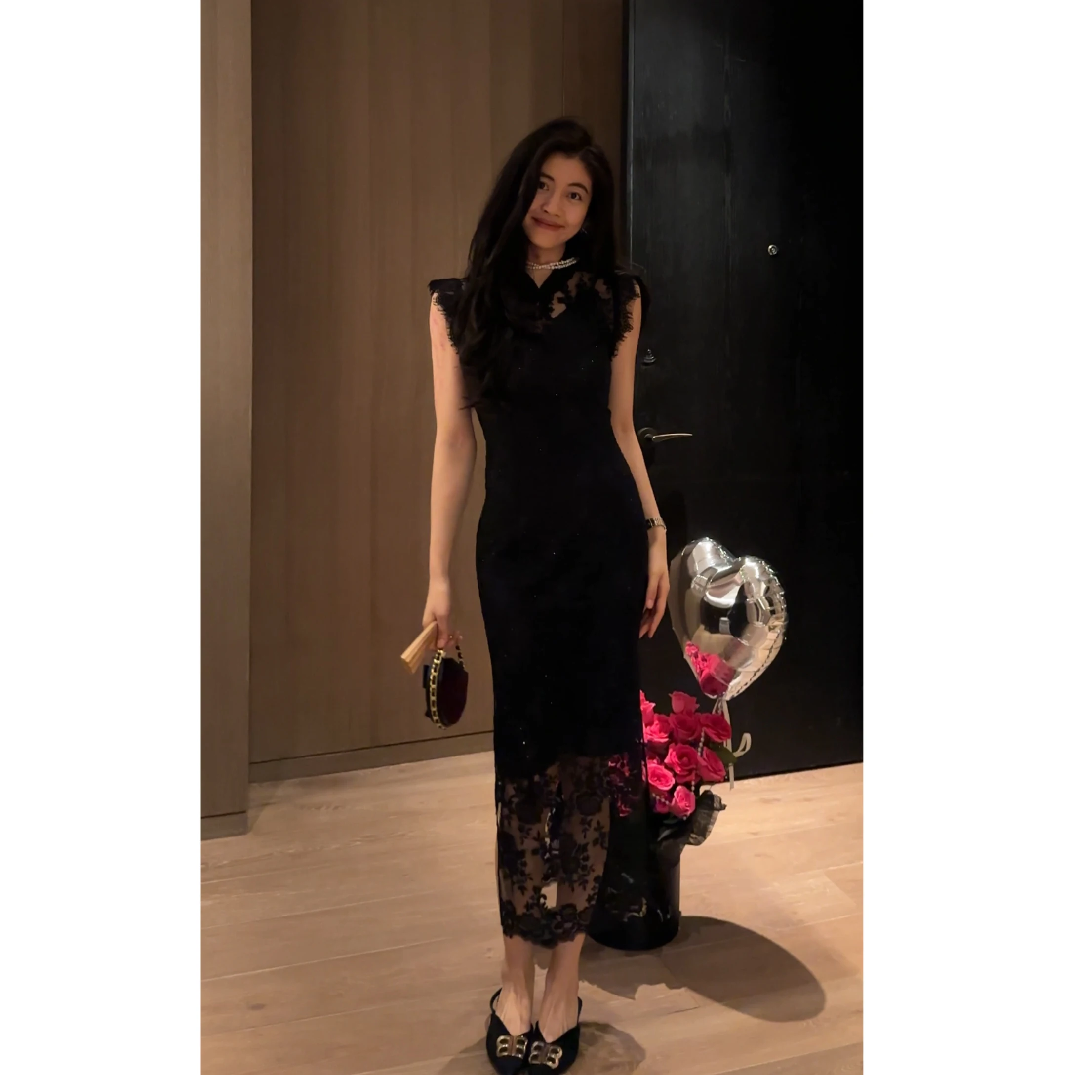 

NCOU Bla Lace Embroidery Slimming Dr Women's Original Design Hollow out Svel Midi Dr Zipper Closure