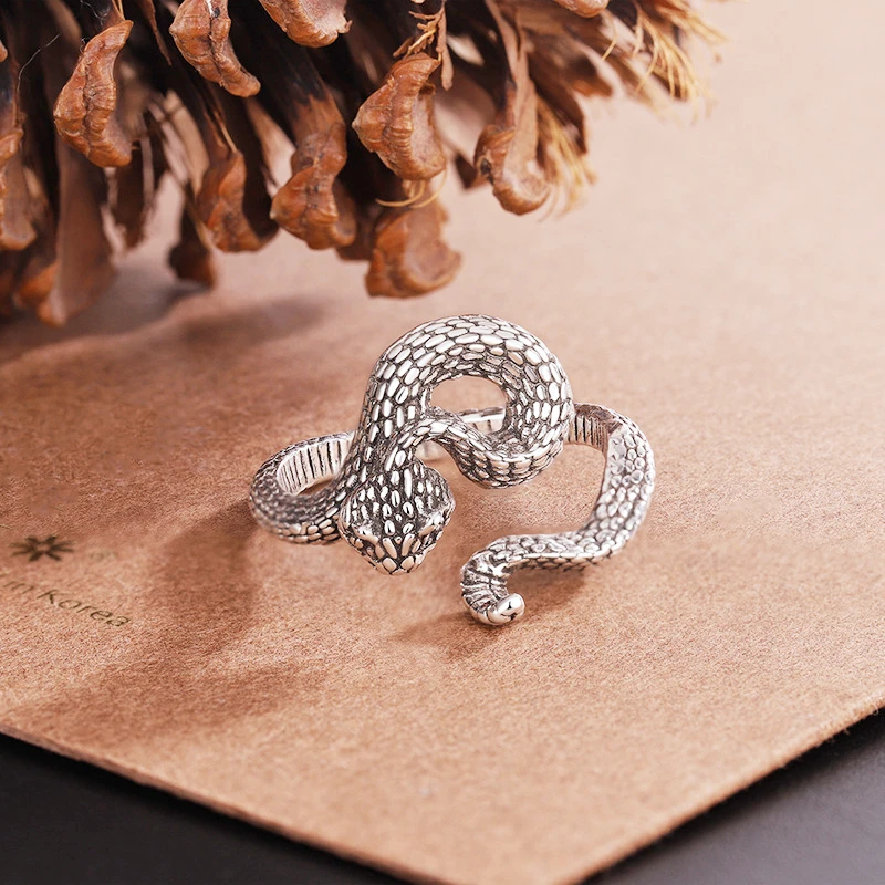 925 Sterling Silver Retro Rattlesnake Thai Silver Fine Jewelry Luxury Resizable Opening Female Ring RI1120