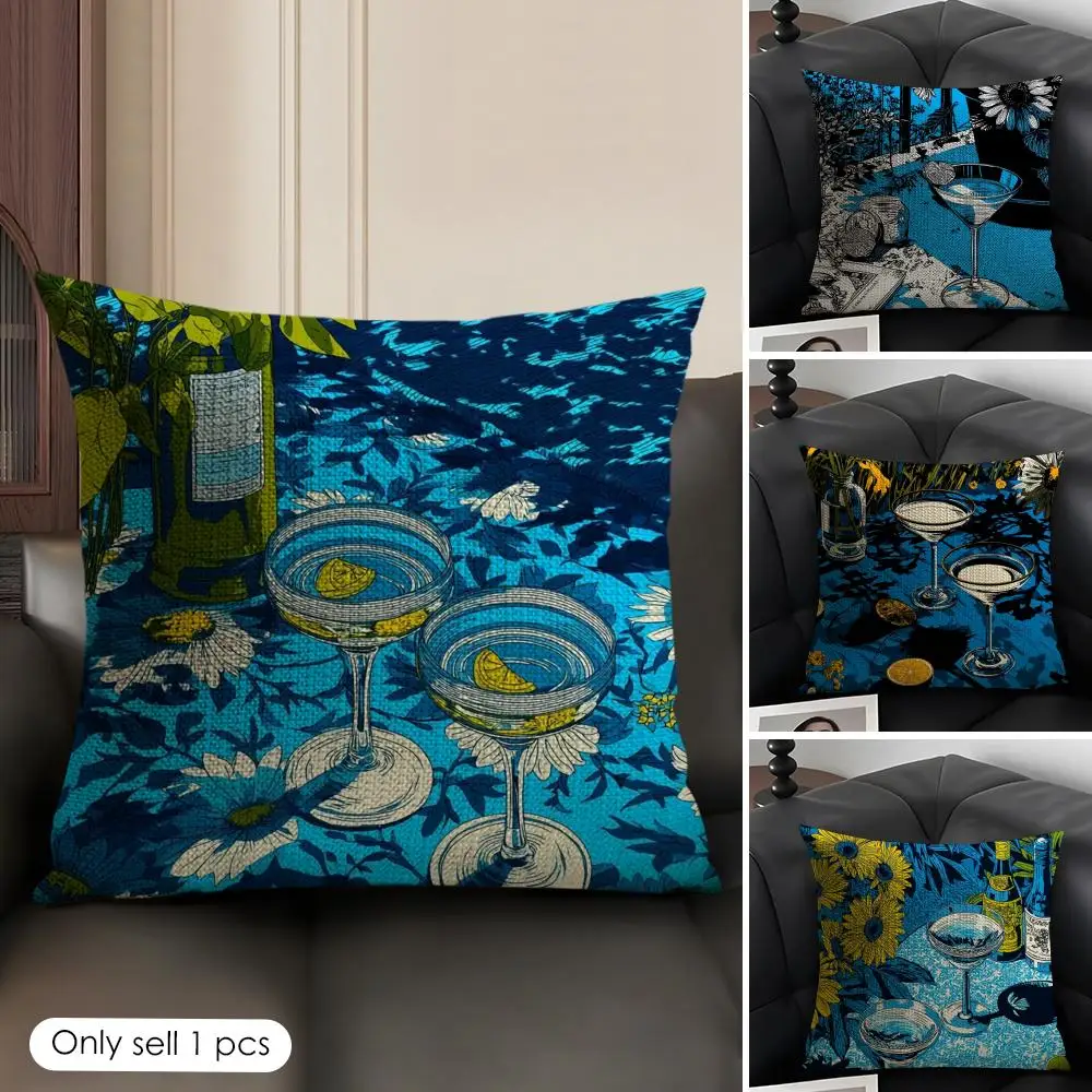 Cocktail Glass Print Cushion Cover Natural Linen Organic Fabric Double-Sided Printing Sofa Home Decor Gift Pillow Case