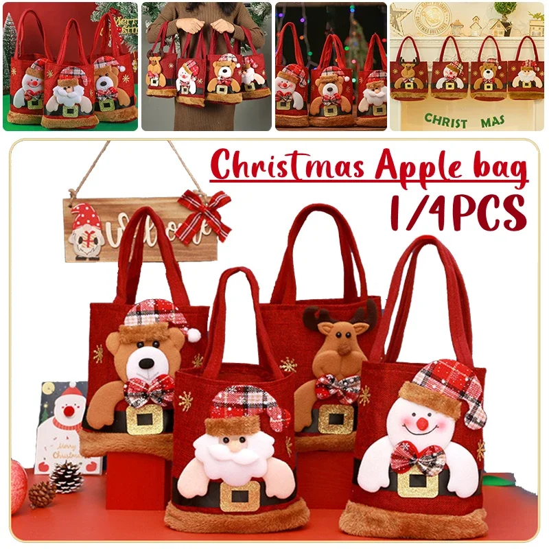 

1/4PCS Santa Claus Snowman Deer Gift Bags Christmas Linen Carrying Apple Bag Candy Bag Handbag Gift Christmas Decorations