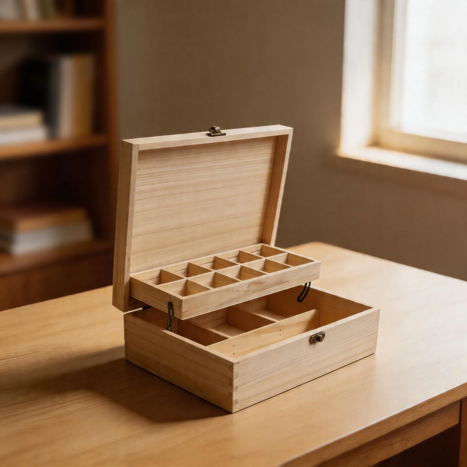 Flip for top Two Layer Jewelry Box Made of Natural Paulownia Wood for Organizing Sewing Kits Rings and Small Items