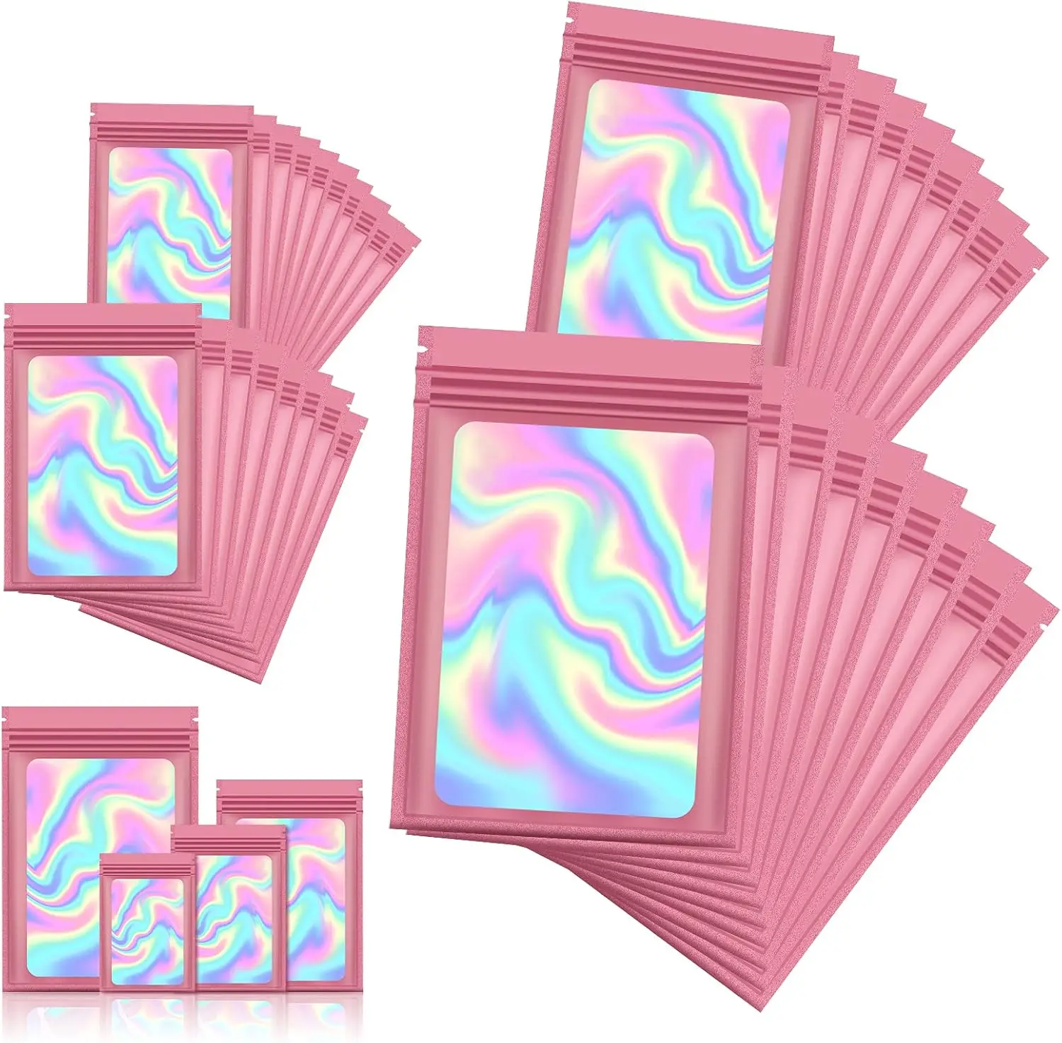 Bolsa de embalaje con cremallera rosa holográfica resellable, 6x10/8x13/10x18/12x20Cm, paquete de 20 para almacenamiento de alimentos, joyería de pestañas