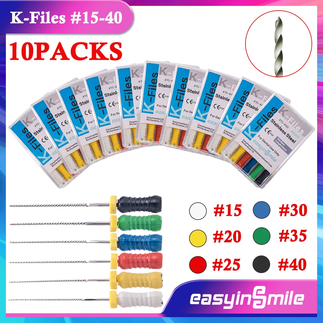 

10Packs Dental Endo Hand Use K-Files 15-40# Stainless Steel Root Canal Endodontic Files 25MM EASYINSMILE