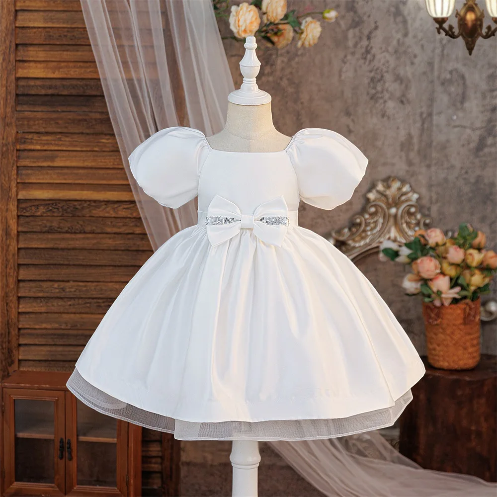

Fashion Girls White Puff Sleeve Girl Evening Gown Short Sleeve Bow Kids Dresses for Girls Summer Girls Party Dress Years ASQ03