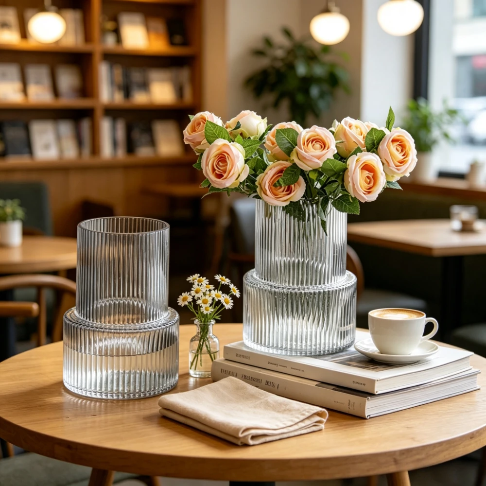 Nordic Vertical Striped Glass Flower Vase Modern Hydroponic Roses Tulip Plant Container Living Room Desktop Home Decoration