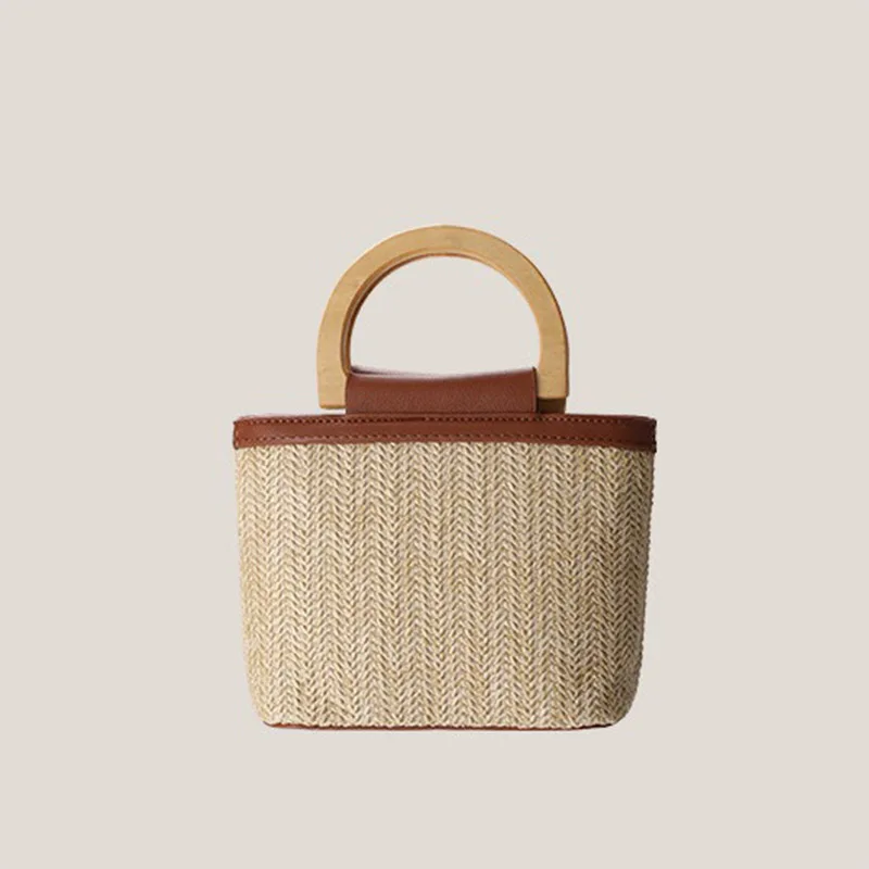 Summer Fashion Women's Wooden Handle Handbag Retro Straw Women's Bag Small Bucket Shoulder Bag Vacation Knitted Wallet Handbag