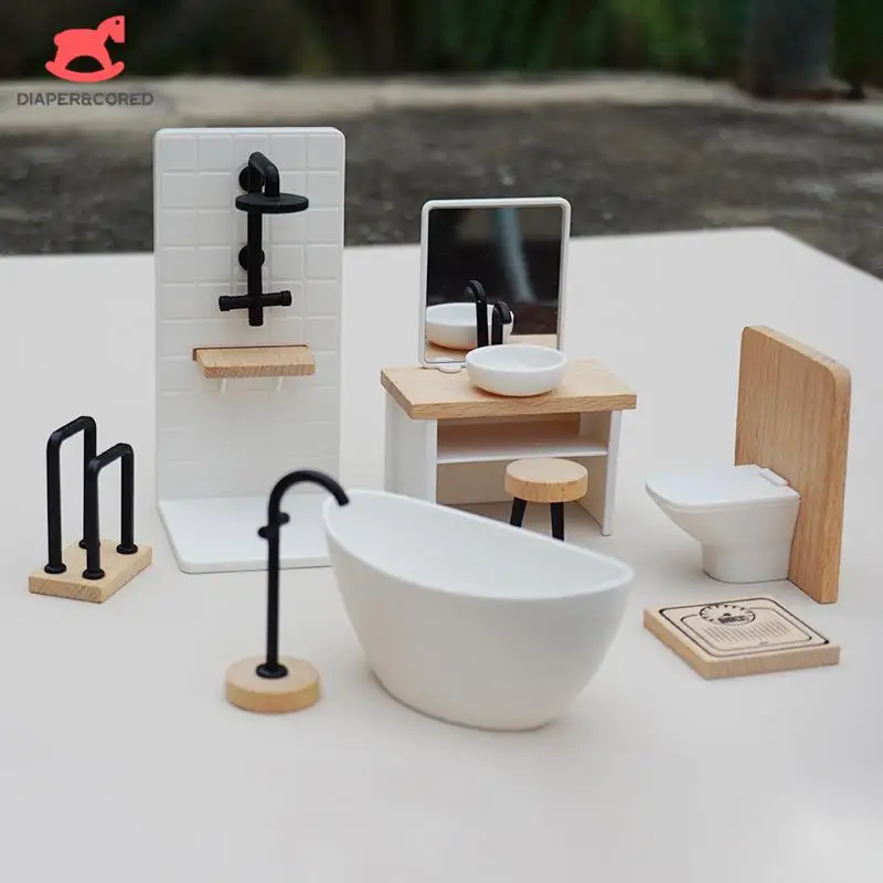 

Dollhouse Bathroom Simulation Wood Washbasin Tub Toilet Model Bathtub Decor Dolls House Miniature Furniture Accessories