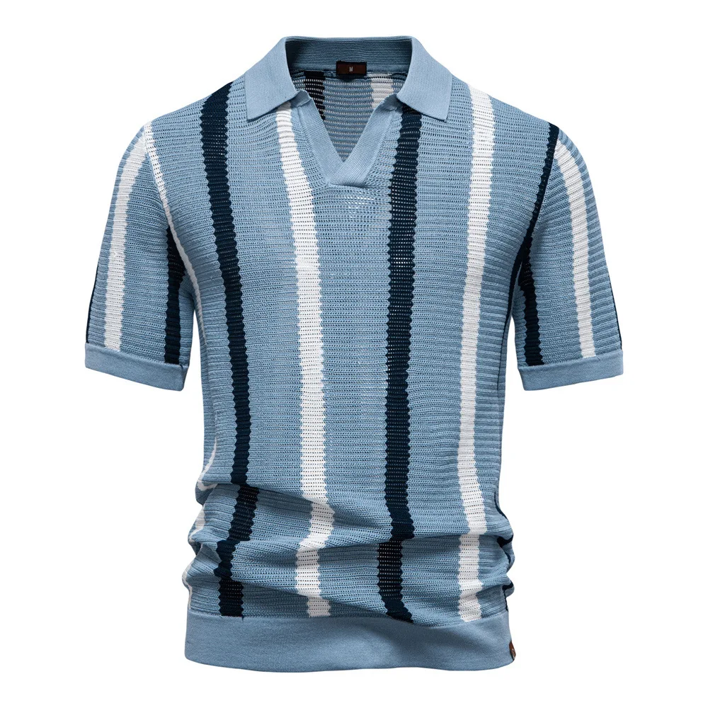 New summer high-quality men's breathable moisture-wicking mesh knitted polo shirt with stripes