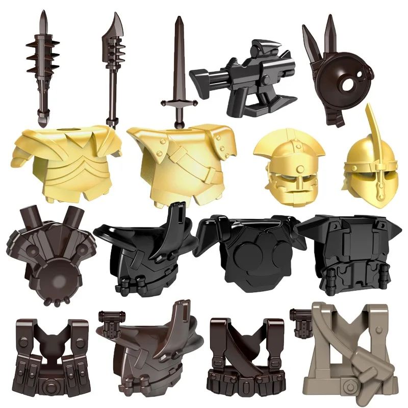 10pcs Little Man Building Blocks Toy Accessories Gold Helmet and Armor Medieval Total War Soldier Armor Boy Gift