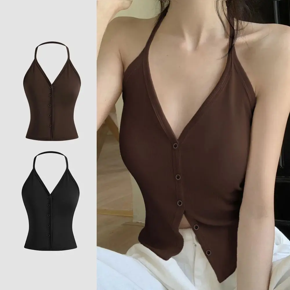 

Korean Style Halter Knitted Slim Crop Top Hollow Out Round Neck Women's Vest Top Tank Y2K Sleeveless Camisole Seaside