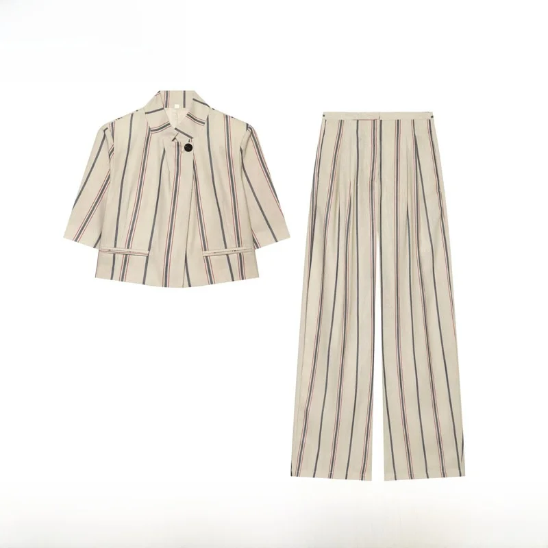 New Spring Summer Striped Suit Jacket And Pants Women's Fashion Set 7005786 1965786 Comfortable Fit Button up Short Sleeve