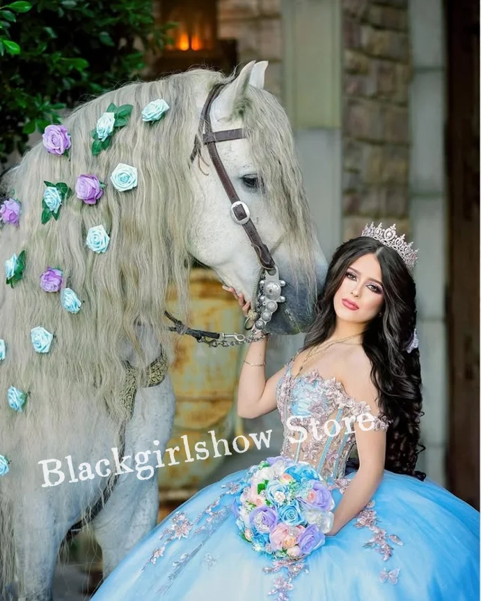 Abiti da ballo fantasy Abiti Quinceanera Glitter lucidi con spalle scoperte Corsetto trasparente Fiocco Applique Cattedrale Treno Abito da ballo personalizzato