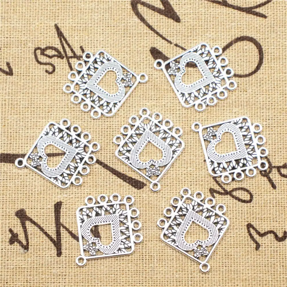 Love Heart Earring Connector Pendants For Jewelry Making Make Accessories Trendy Jewerly 25x31mm 5pcs Antique Silver Color