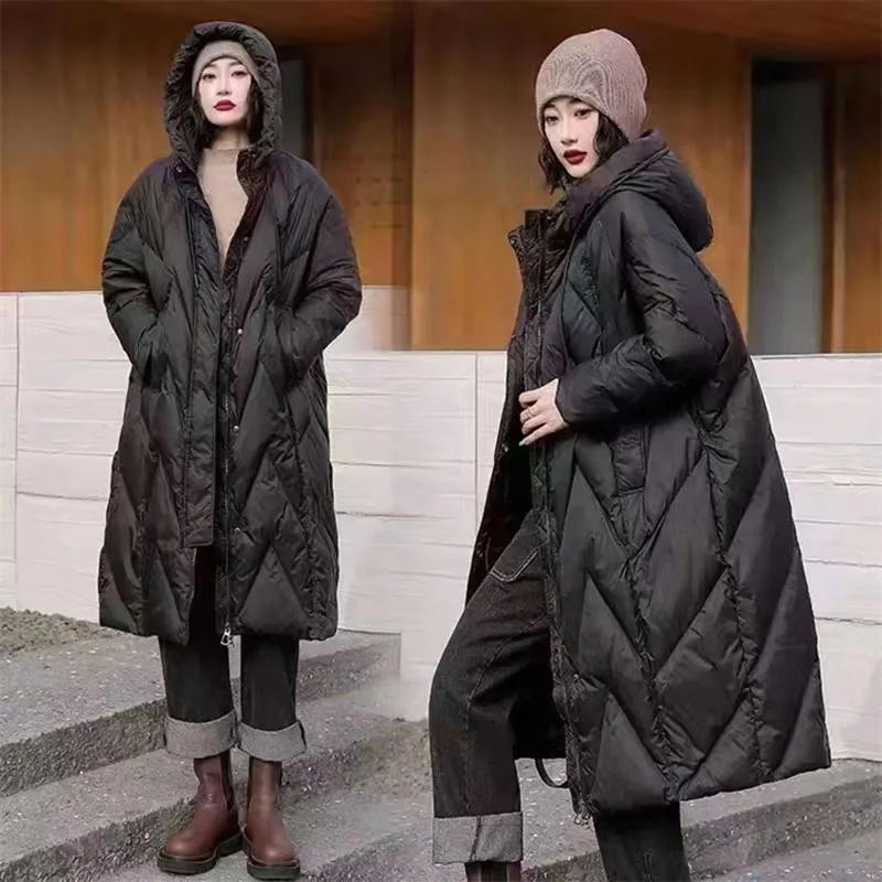 Women Loose Long Coat 90% White Duck Down Jacket 2025 Winter Female Overcoat Cotton Hooded Puffer Feather Parkas Snow Outwear