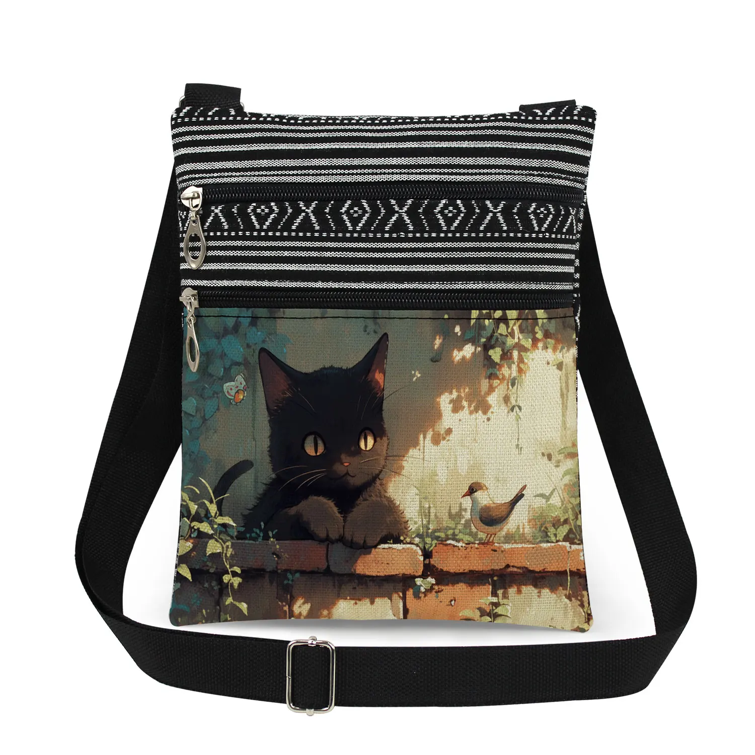 Black Cat and Bird Print Men\'s Messenger Bag Outdoor Men\'s Fashionable Shoulder Bag Women\'s Crossbody Bag