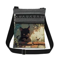 Black Cat and Bird Print Men's Messenger Bag Outdoor Men's Fashionable Shoulder Bag Women's Crossbody Bag