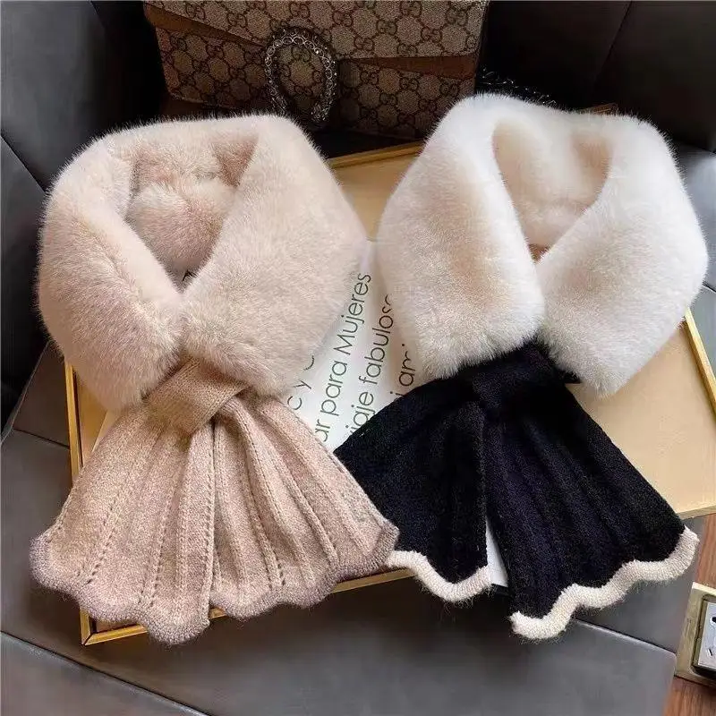 Winter Ruffle Knitted Cross Scarf Faux Rabbit Fur Thickened Soft Scarves for Women Winter Patchwork Neck Warmer Collar Scarf