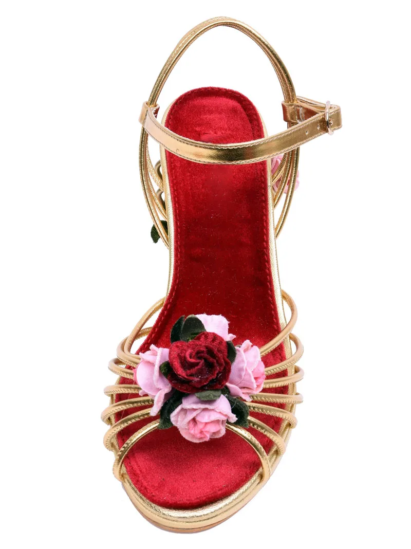 Luxury Golden Fretwork Bird Cage Heel Pink Red Rose Velvet Flowers Weddding Sandals Ankle Strap High Heels Banquet Summer Shoes