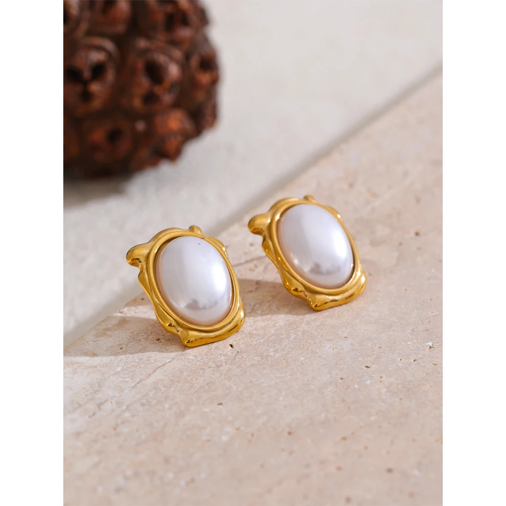 Yhpup Elegant Simulated Pearls Round Daily Stud Earrings for Women 18K Gold Color Plated Stainless Steel Vintage Jewelry New
