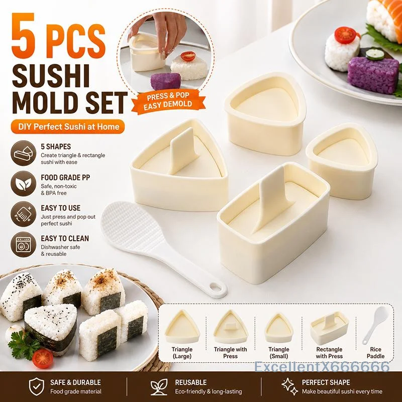 Non-Stick Triangular Sushi Mold 5Pcs Easy Release DIY Rice Mold Kit for Home Cooking Bento Picnic