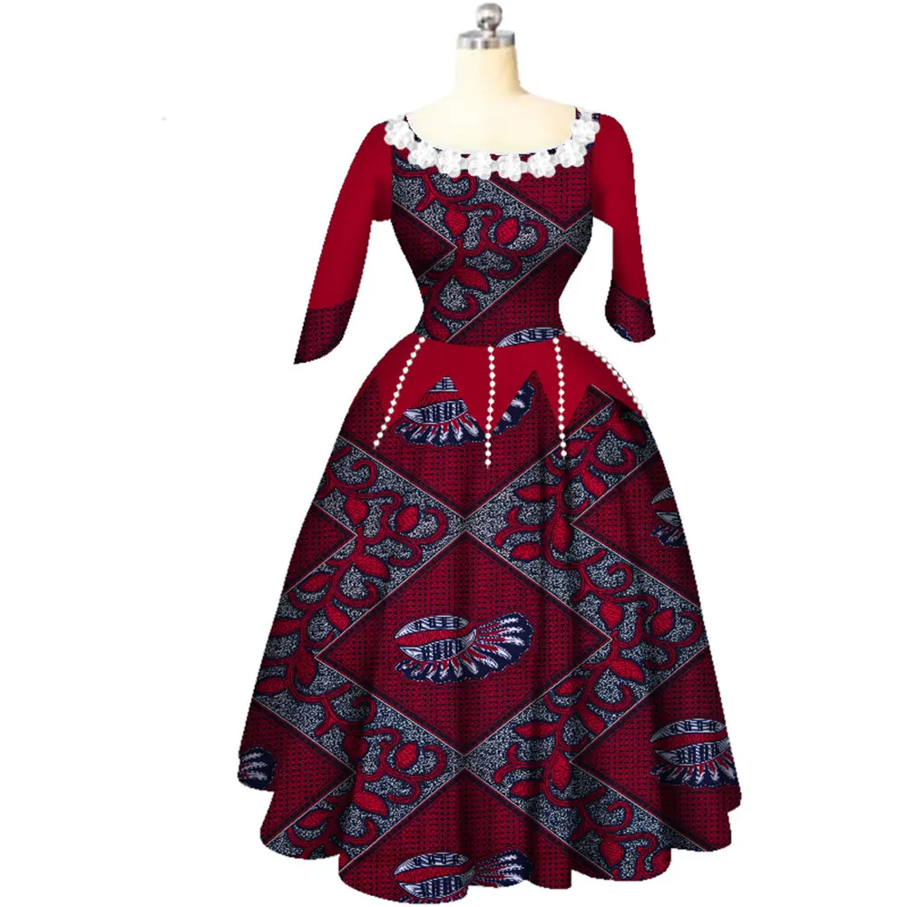 BintaRealWax sukienki afrykańskie dla kobiet Bazin Riche makrama kołnierz długie sukienki pół rękawa rękaw odzież afrykańska WY3707