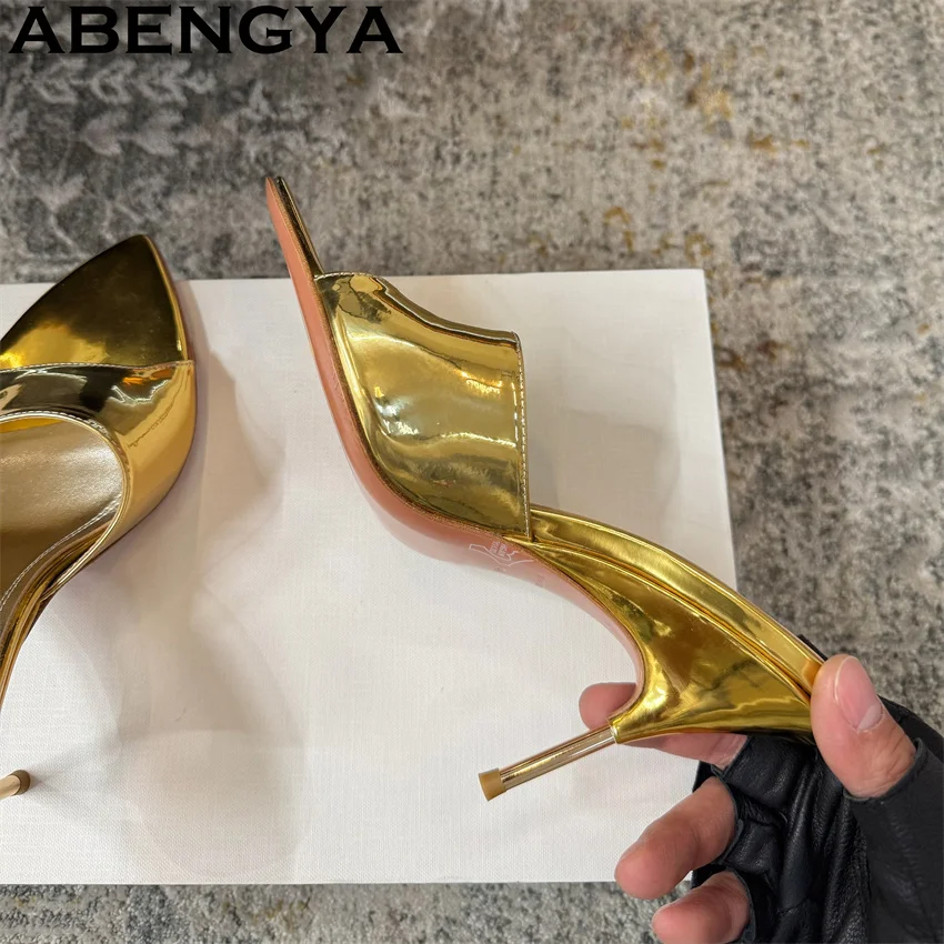 

Patent Leather Pointy Open Toe Thin High Heels Slippers for Women Gold Silver Sexy Mules Slippers Summer Dress Party Shoes Woman