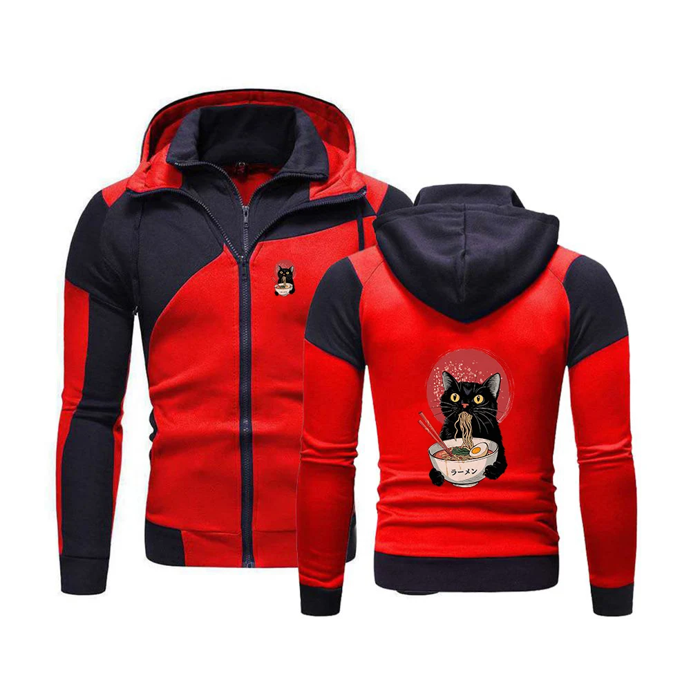 2025 New Spring And Autumn Men's Noodle Ramen Cat Print Color-blocke Designer Hoodies Comfortable Zipper Cardigan Coat