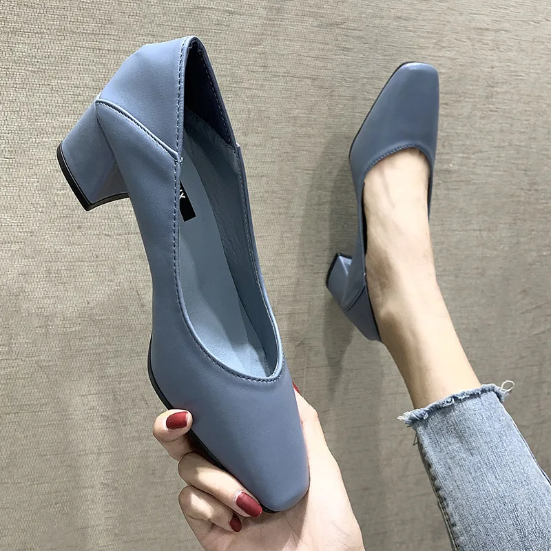 Shallow Mouth with Follow-up Shoes 2024 New Simple Solid Color Middle Heel Square Toe Daily Work Single Shoe Zapatos De Mujer