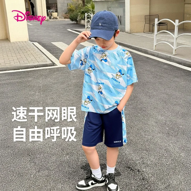 مجموعة تي شيرت ديزني دونالد داك ميكي بويز الصيفية المبتكرة بنمط طباعة الرسوم المتحركة المريحة سريعة الجفاف بأكمام قصيرة