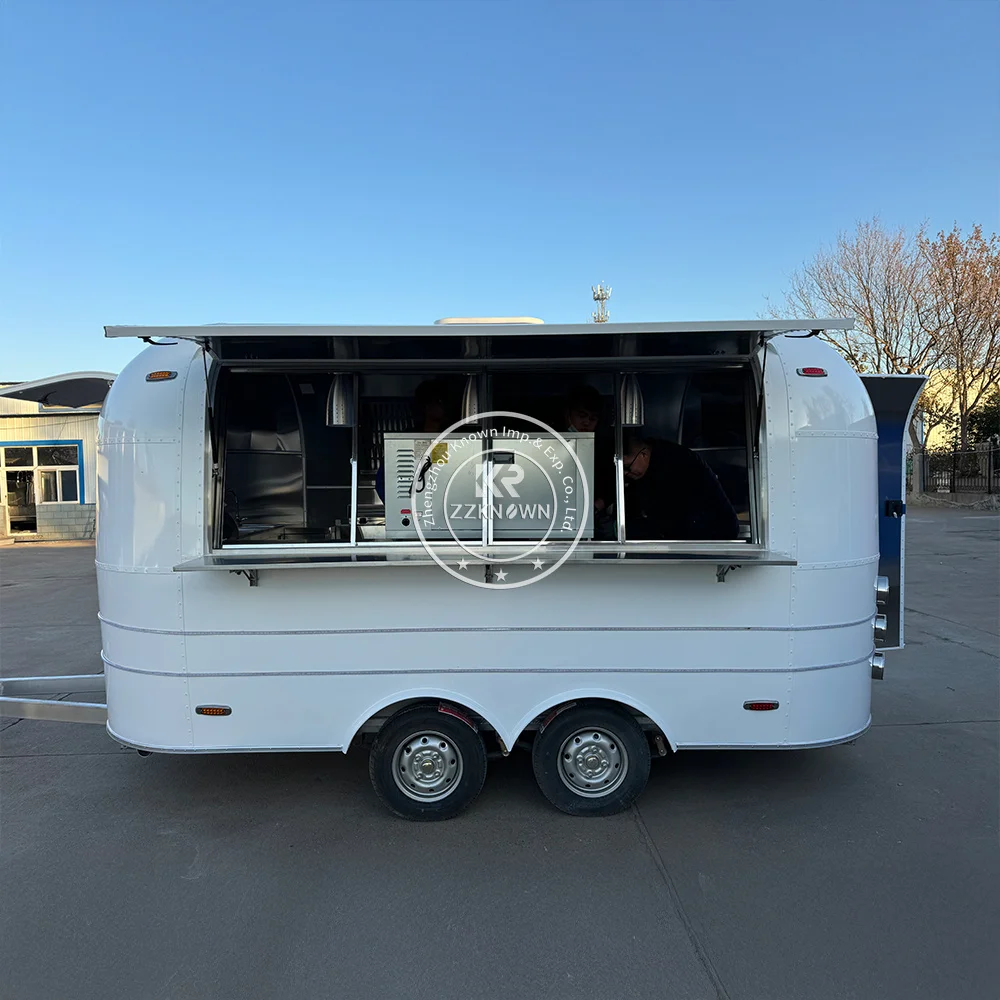Street Airstream รถบรรทุกอาหารห้องครัวมือถือรถเข็นสุนัขร้อน Catering Trailer สัมปทานอาหาร Trailer อุปกรณ์ครบครัน Coffee Kiosk