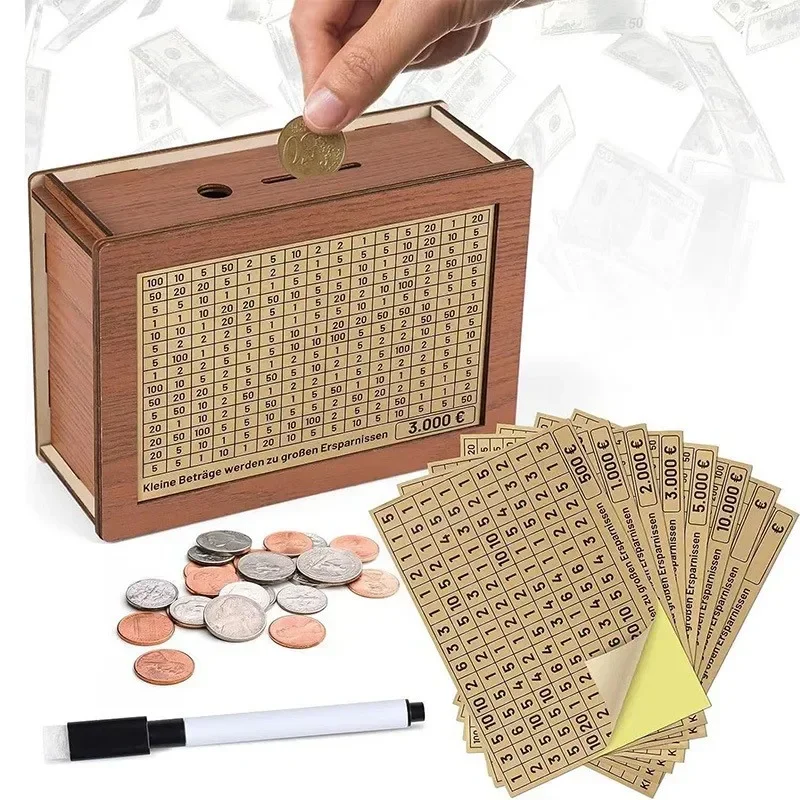 500/1000/2000/3000/5000/10000 Euro Money Box Piggy Bank Wood Money Bank Reusable Money Box with Saving Goal and Numbers Boxes