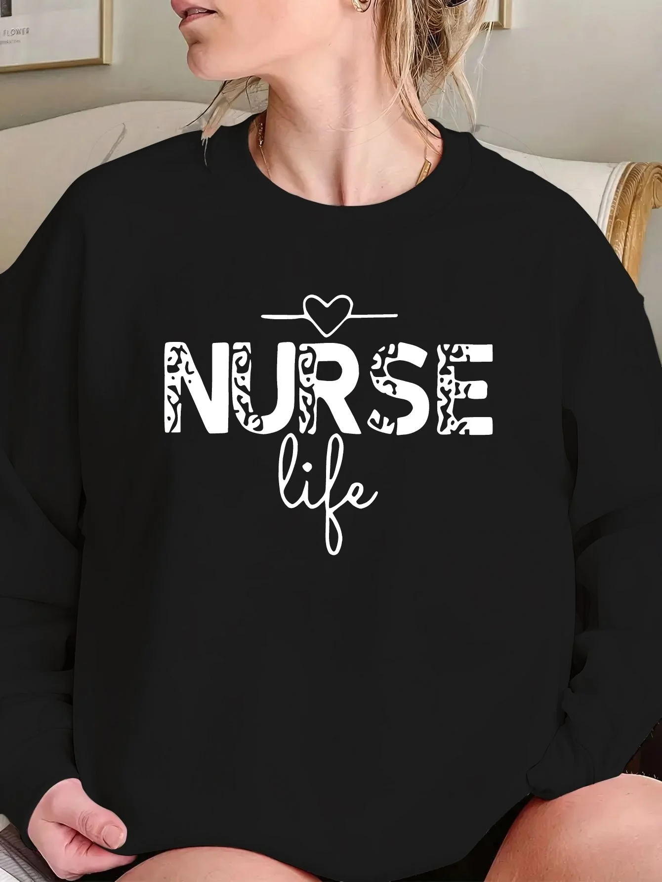 

Nurse Life Printed T-shirt - Casual oversized round-neck pullover, knitted fabric, autumn-winter collection