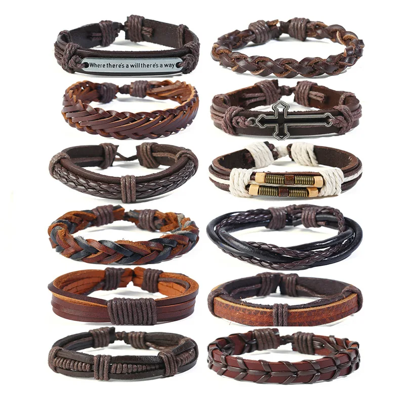 Punk Vintage Multilayer Genuine Leather Bracelet Men Fashion Braided Handmade Rope Wrap Bracelets 12pcs/set Bangles Male Gift