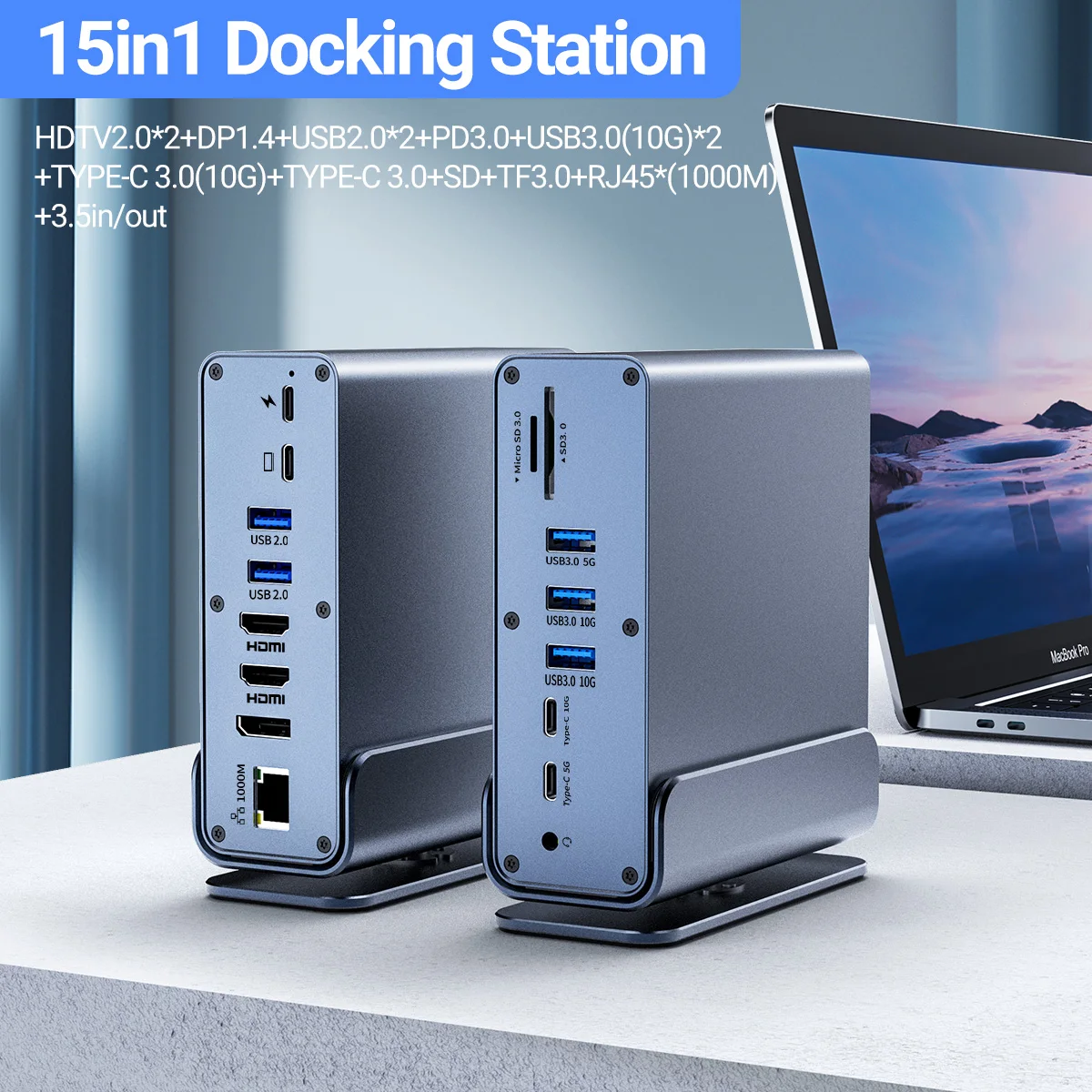 15 in 1 USB C Docking Station Triple Monitor 4K HDMI2.0 DP1.4 PD3.0 1000M RJ45 USB 3.0 SD/TF 3.5mm Audio Hub for Laptop MacBook