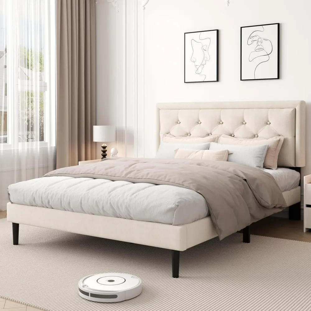 إطار سرير بمنصة مقاس مع لوح رأسي معنقدة بزر مخملي منجد، كريم أساس مرتبة مع دعم شرائح خشبية، لا