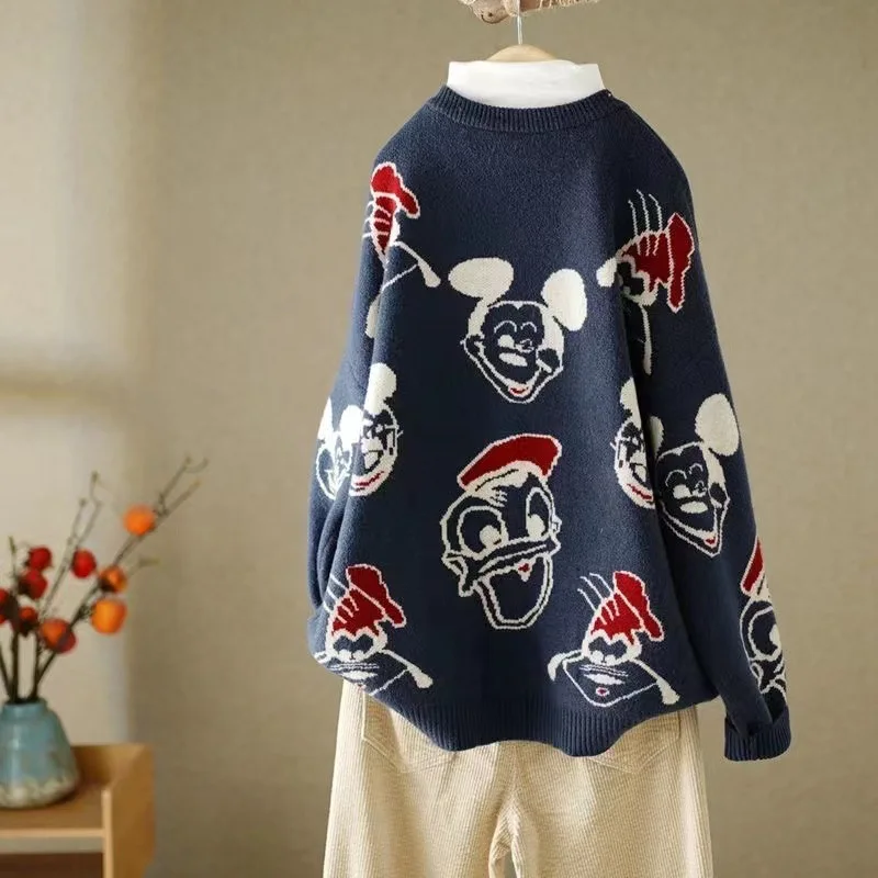 Disney Donald Knitted Cardigan Korean Fashion Kawaii Sweaters for Women Coat Female Autumn and Winter Loose Wild Thicken Tops