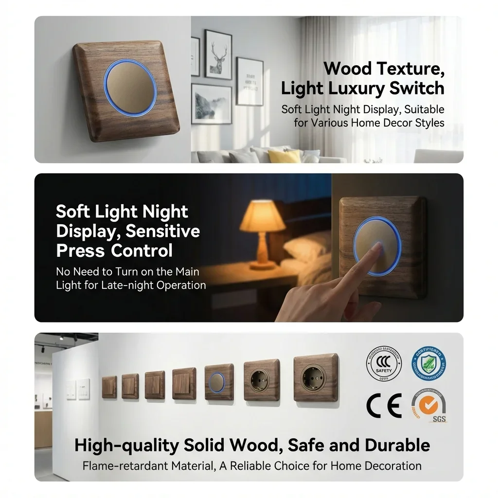 EU Wall Switch 1/2/3/4 Gang Solid Wood Plate Blue Led Round Button Light Switch Ac110 250v image 2